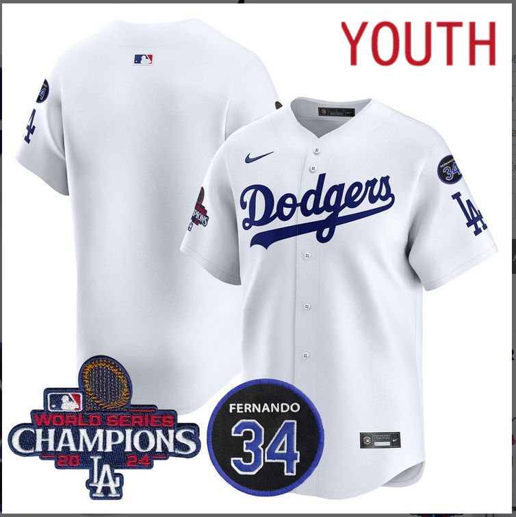 Youth  MLB Los Angeles Dodgers blank white2024 World Series Champions Patch Limited Jersey->youth mlb jersey->Youth Jersey